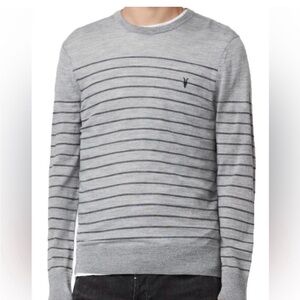 All Saints Gray Crewneck Sweater with Navy Stripe